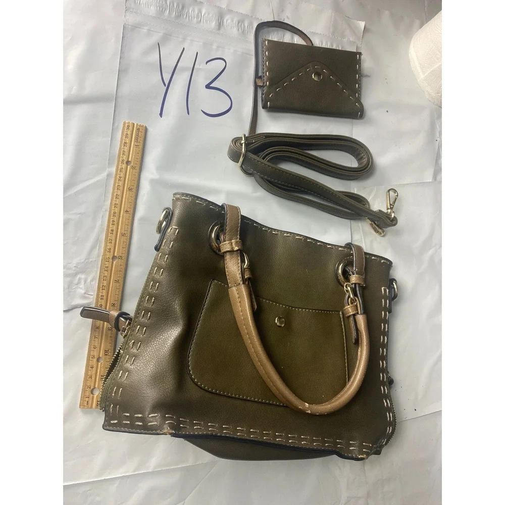 Olive Green Faux Leather Satchel Handbag‎ Removable Shoulder Strap